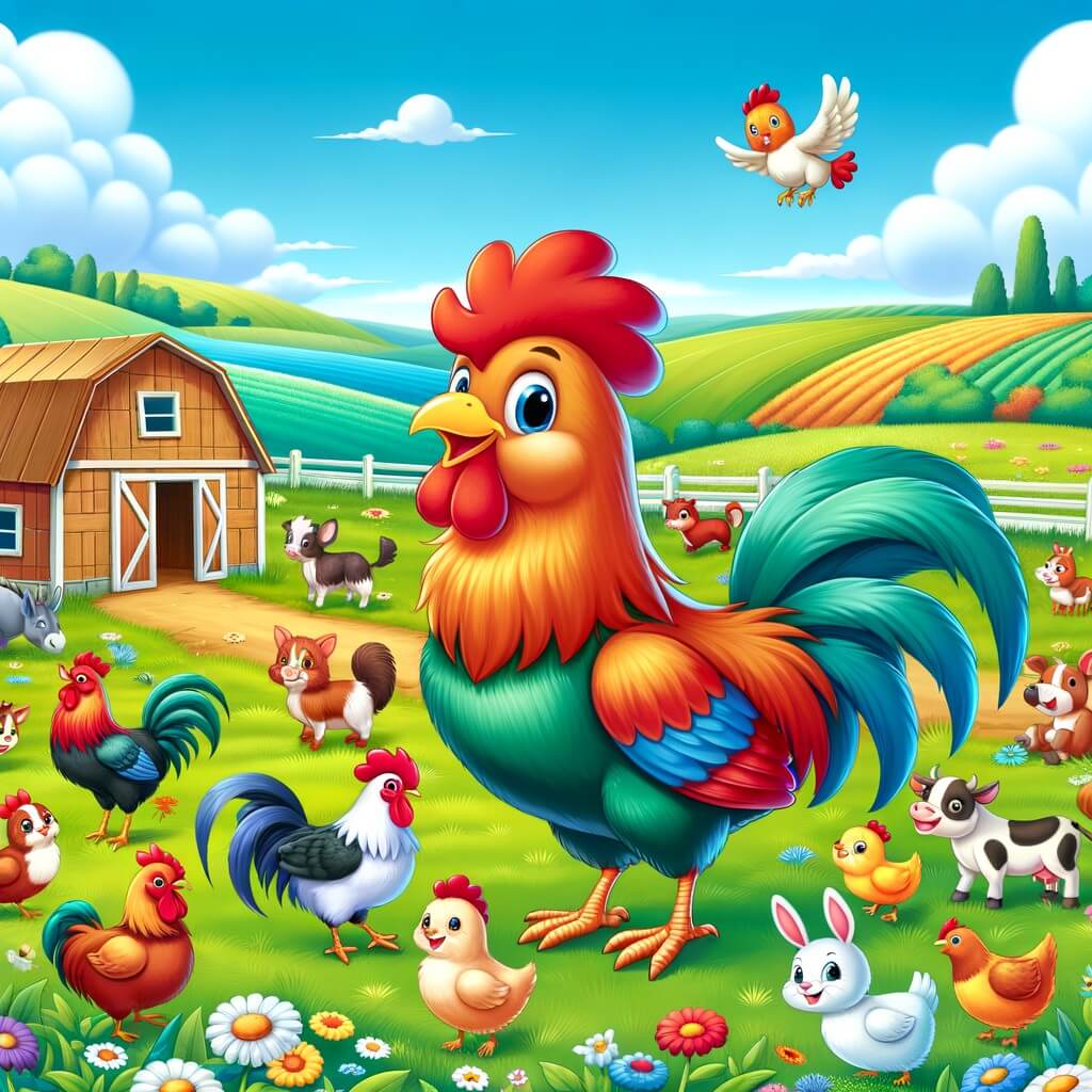 Une illustration destinée aux enfants représentant un coq joyeux et coloré, vivant dans une ferme animée par d'autres animaux sympathiques, dans un cadre champêtre avec une grange en bois, des champs verdoyants et un ciel bleu.