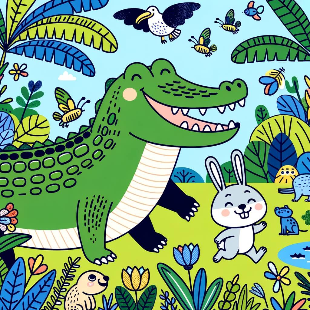 Une illustration destinée aux enfants représentant un grand crocodile souriant, se baladant avec un petit lapin joyeux dans une jungle luxuriante remplie de végétation colorée et d'animaux exotiques.