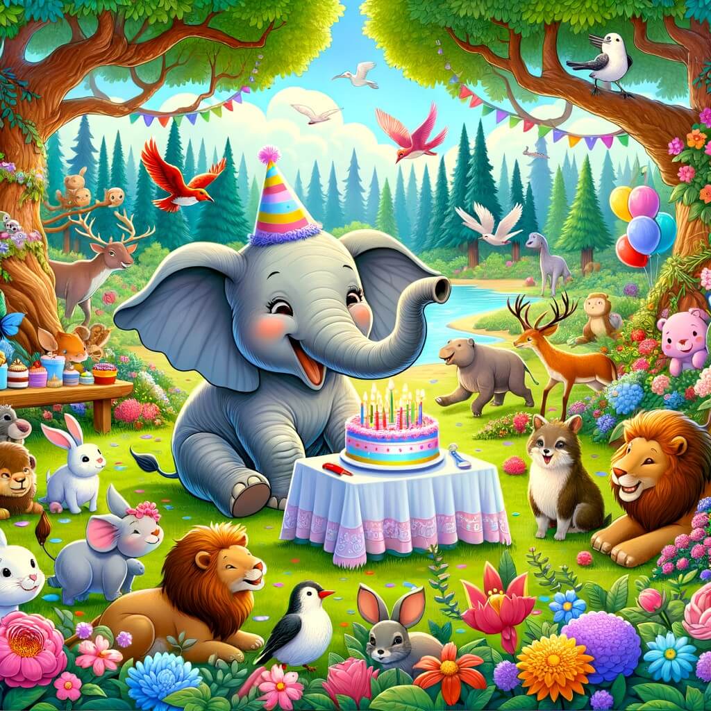 Une illustration destinée aux enfants représentant un éléphant joyeux préparant une fête d'anniversaire avec ses amis animaux dans une forêt enchantée remplie de fleurs colorées, d'arbres majestueux et d'oiseaux chantants.