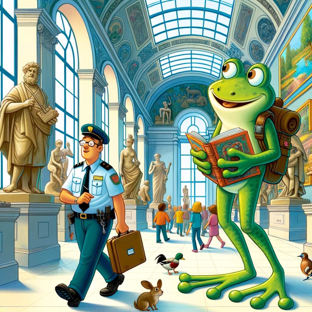 Une illustration pour enfants représentant une grenouille espiègle se retrouvant dans une grande ville, découvrant les merveilles de la vie urbaine, tout en cherchant un moyen de rentrer chez elle dans sa petite mare tranquille.