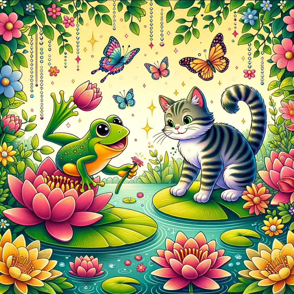 Une illustration destinée aux enfants représentant une joyeuse grenouille se baladant parmi les nénuphars d'un étang enchanteur, accompagnée d'un chat malicieux, dans un décor vibrant de couleurs avec des fleurs éclatantes et des papillons virevoltants.