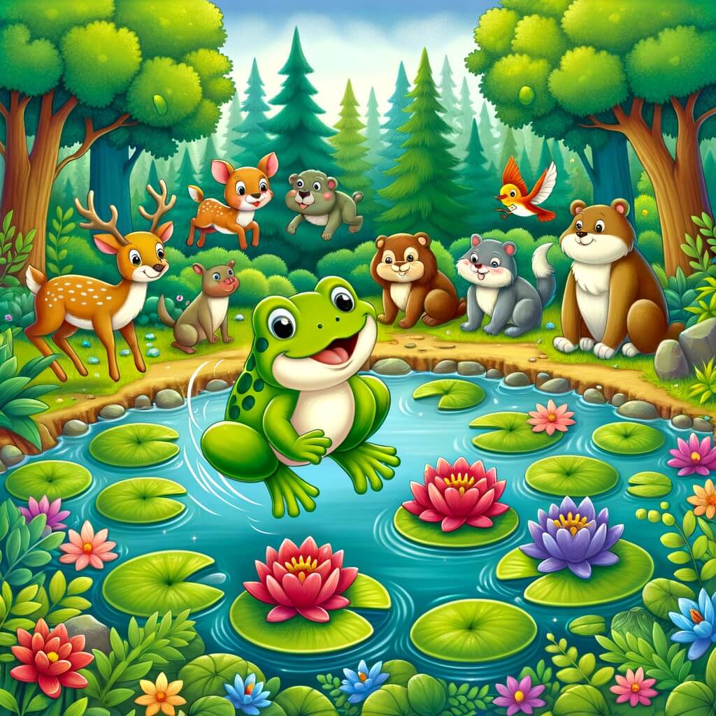 Une illustration destinée aux enfants représentant une mignonne grenouille qui participe à un concours de sauts amusant avec d'autres animaux de la forêt, dans une mare entourée de nénuphars colorés et de végétation luxuriante.