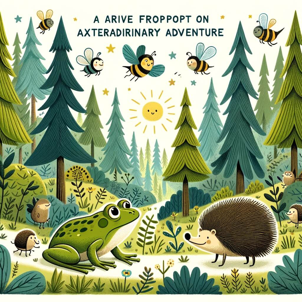 Une illustration pour enfants représentant une grenouille aventurière se trouvant dans un étang entouré d'une forêt luxuriante.