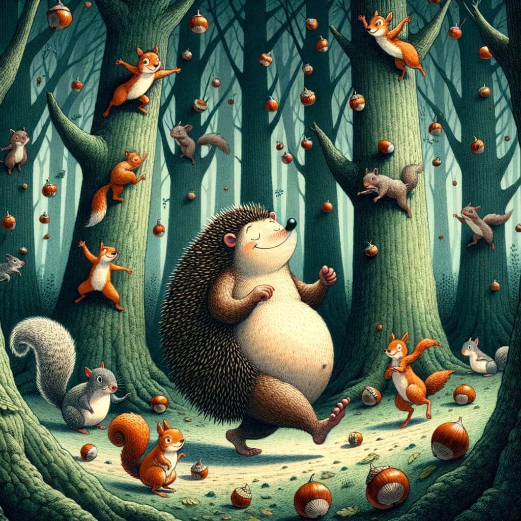 Une illustration destinée aux enfants représentant un hérisson maladroit se promenant dans une forêt dense et sombre, accompagné d'autres animaux joyeux, tandis que des écureuils virevoltent dans les arbres et que des noisettes tombent en cascade.