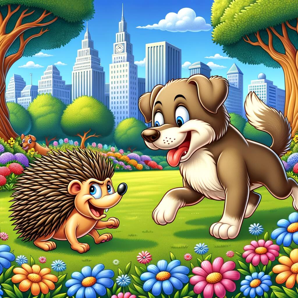 Une illustration destinée aux enfants représentant un hérisson espiègle qui se retrouve dans une hilarante situation avec un chien turbulent, dans un magnifique parc de la ville, entouré de fleurs colorées et d'arbres majestueux.