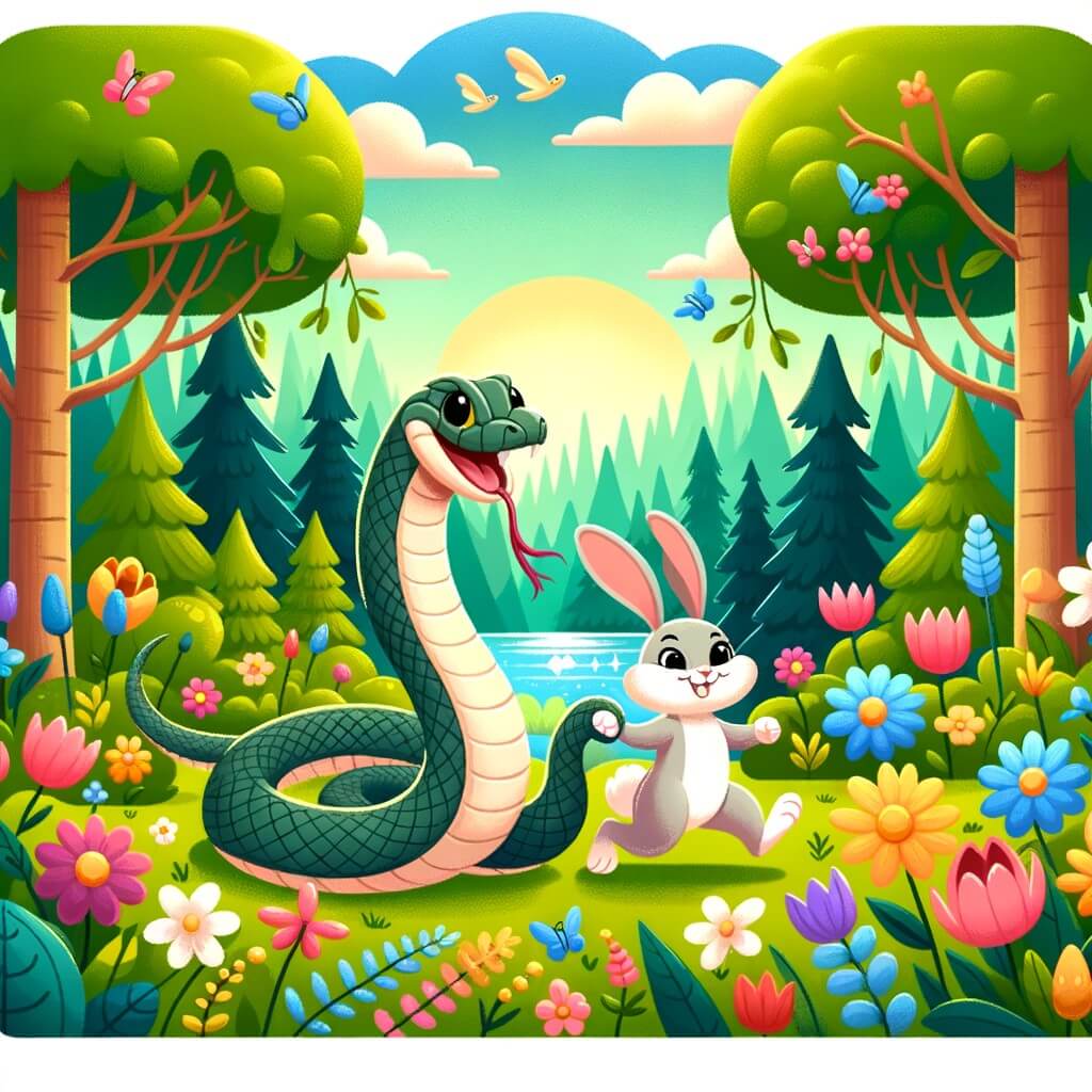 Une illustration destinée aux enfants représentant un serpent malicieux se promenant avec un lapin joyeux dans une forêt enchantée, remplie de fleurs colorées, d'arbres majestueux et d'une rivière scintillante.