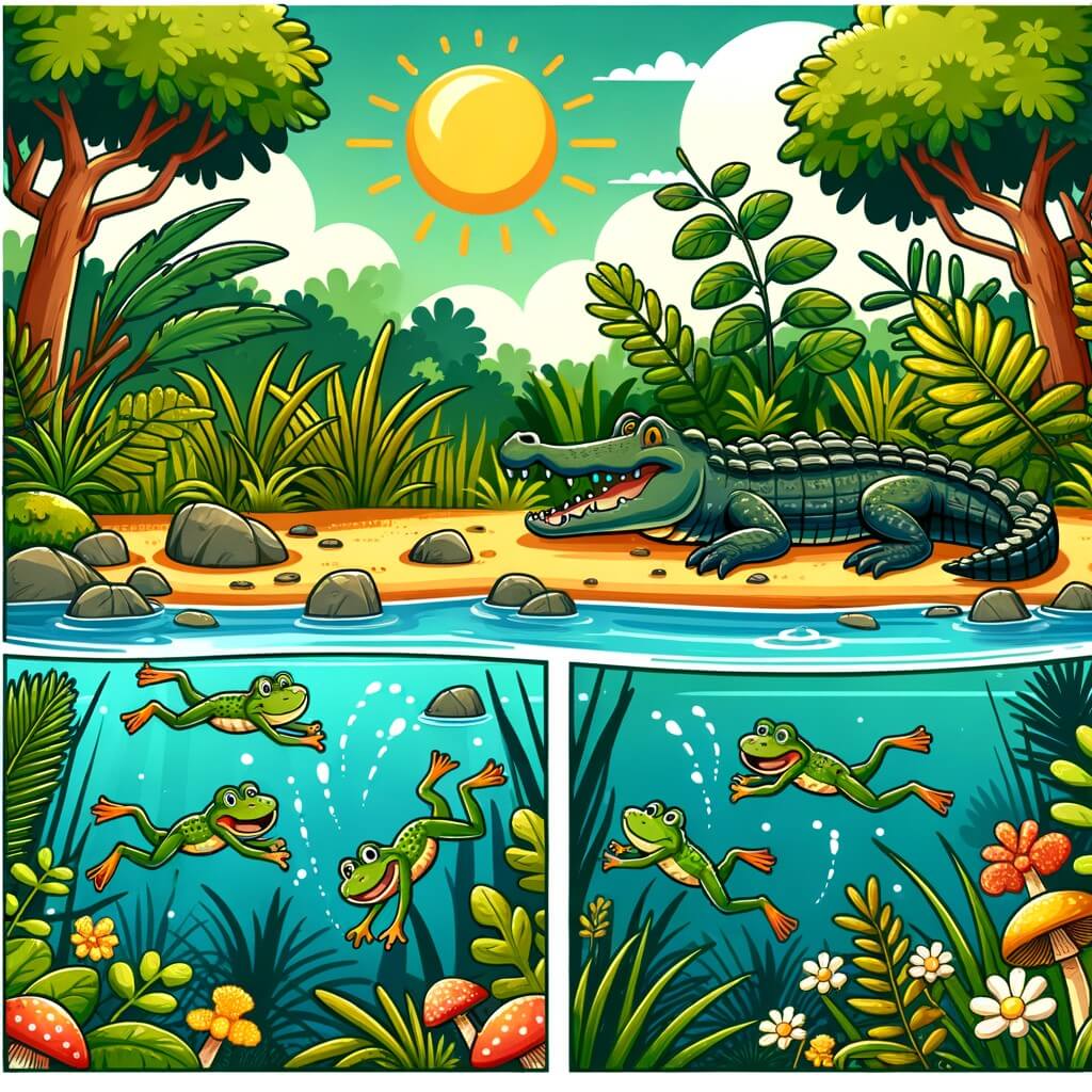 Une illustration destinée aux enfants représentant un crocodile solitaire s'étendant au soleil dans une jungle luxuriante, tandis que des grenouilles joyeuses organisent une compétition de plongée dans une rivière scintillante.