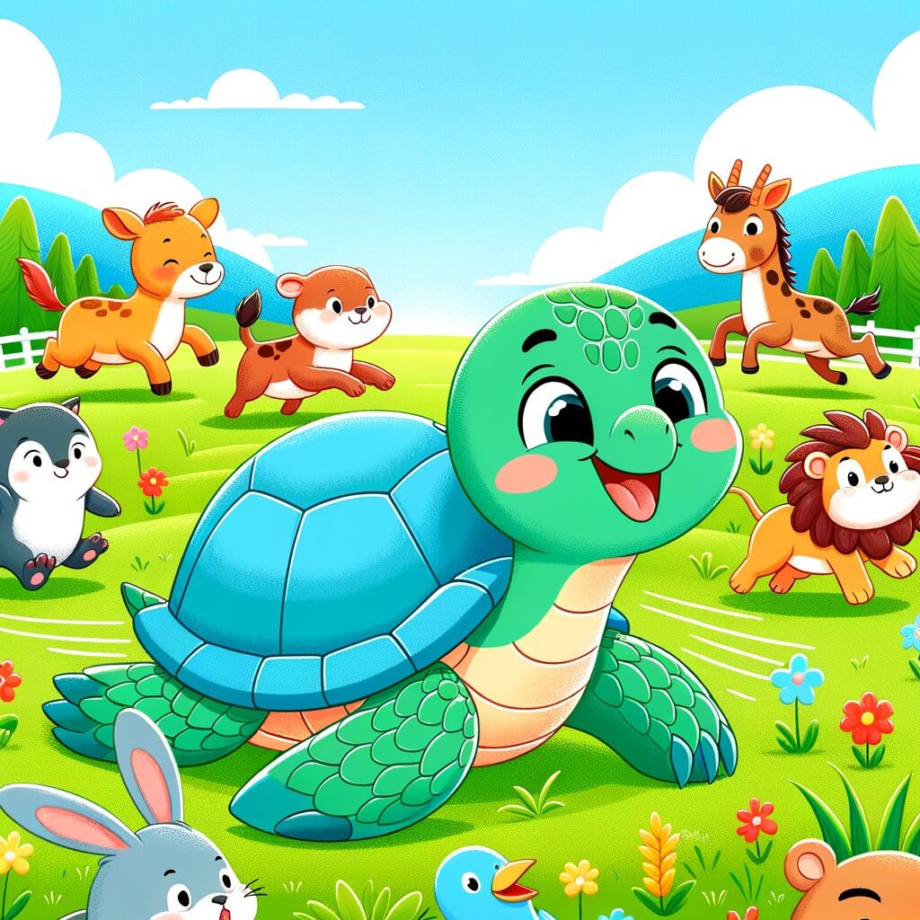 Une illustration destinée aux enfants représentant une tortue joyeuse et lente, accompagnée d'animaux vifs et espiègles, dans une prairie verdoyante où se déroule une course amusante.