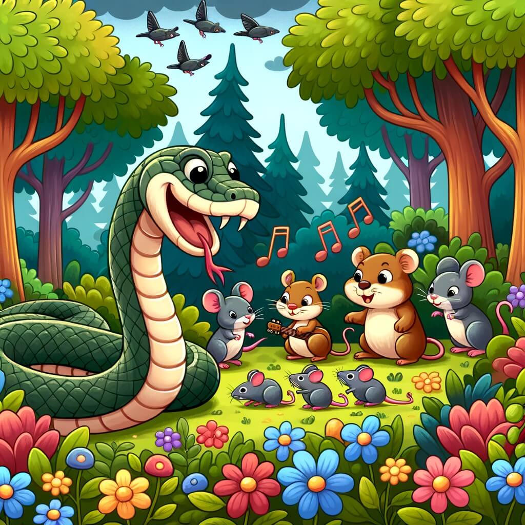 Une illustration destinée aux enfants représentant un serpent affamé, accompagné de ses amis animaux, dans une forêt dense remplie de fleurs colorées et d'arbres majestueux, cherchant des souris en utilisant un plan absurde impliquant de la musique et de la danse.