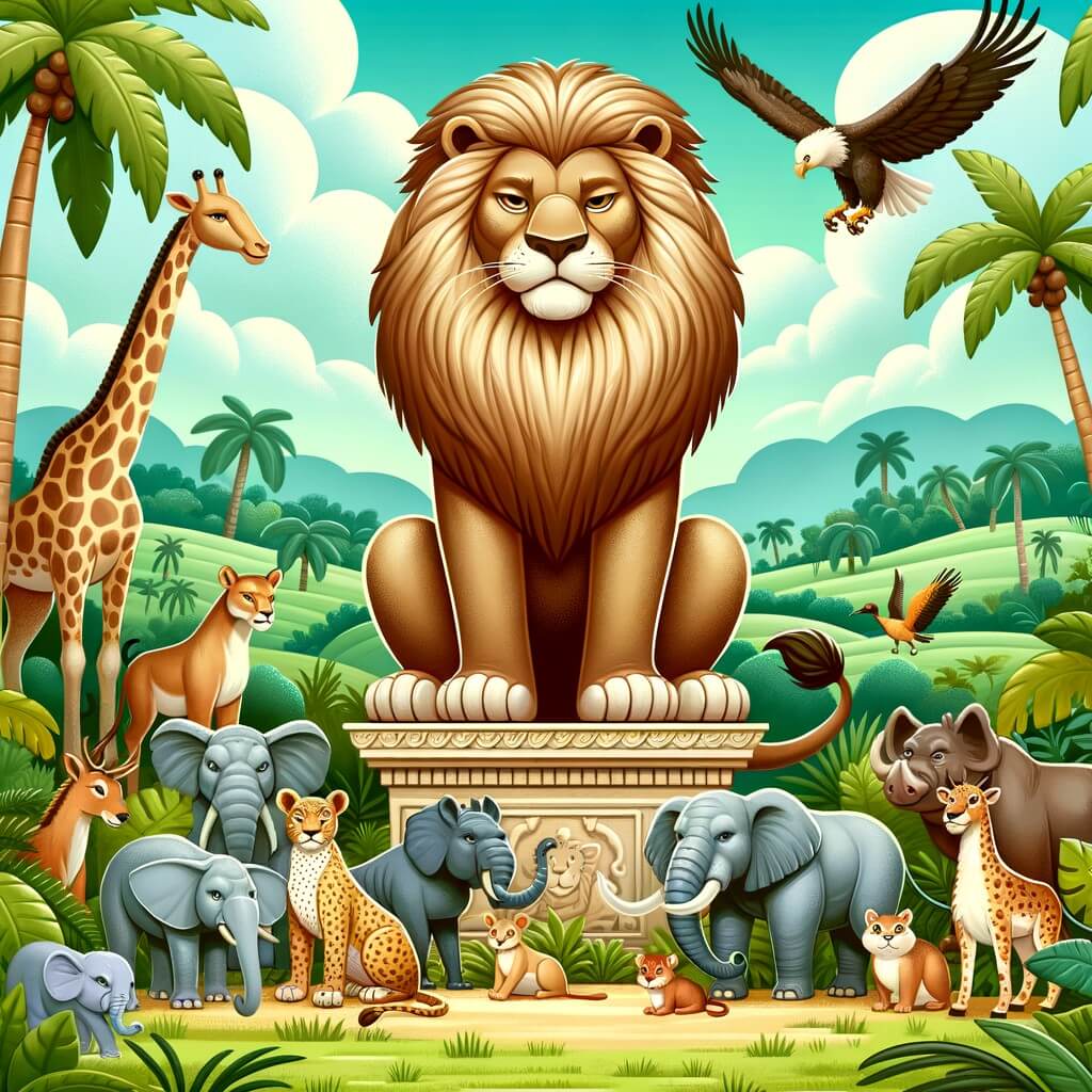 Une illustration destinée aux enfants représentant un majestueux lion, assis sur son trône, entouré d'animaux de la jungle, dans un paysage luxuriant de la savane africaine.