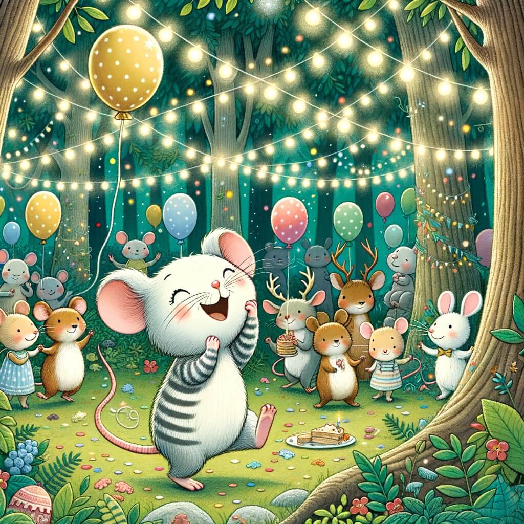 Une illustration destinée aux enfants représentant une petite souris espiègle qui participe à une fête animée avec des amis dans une forêt enchantée, remplie de guirlandes scintillantes, de ballons colorés et d'odeurs délicieuses.