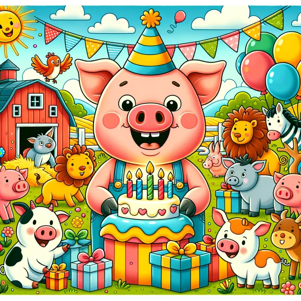 Une illustration destinée aux enfants représentant un joyeux cochon dans une ferme colorée, entouré d'animaux rigolos, préparant une fête surprise pour célébrer un anniversaire spécial.