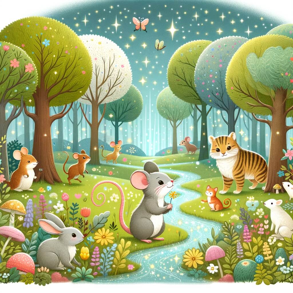 Une illustration destinée aux enfants représentant une souris intrépide et curieuse, accompagnée de ses amis animaux, explorant une forêt enchantée remplie de fleurs colorées, d'arbres majestueux et de petits ruisseaux scintillants.