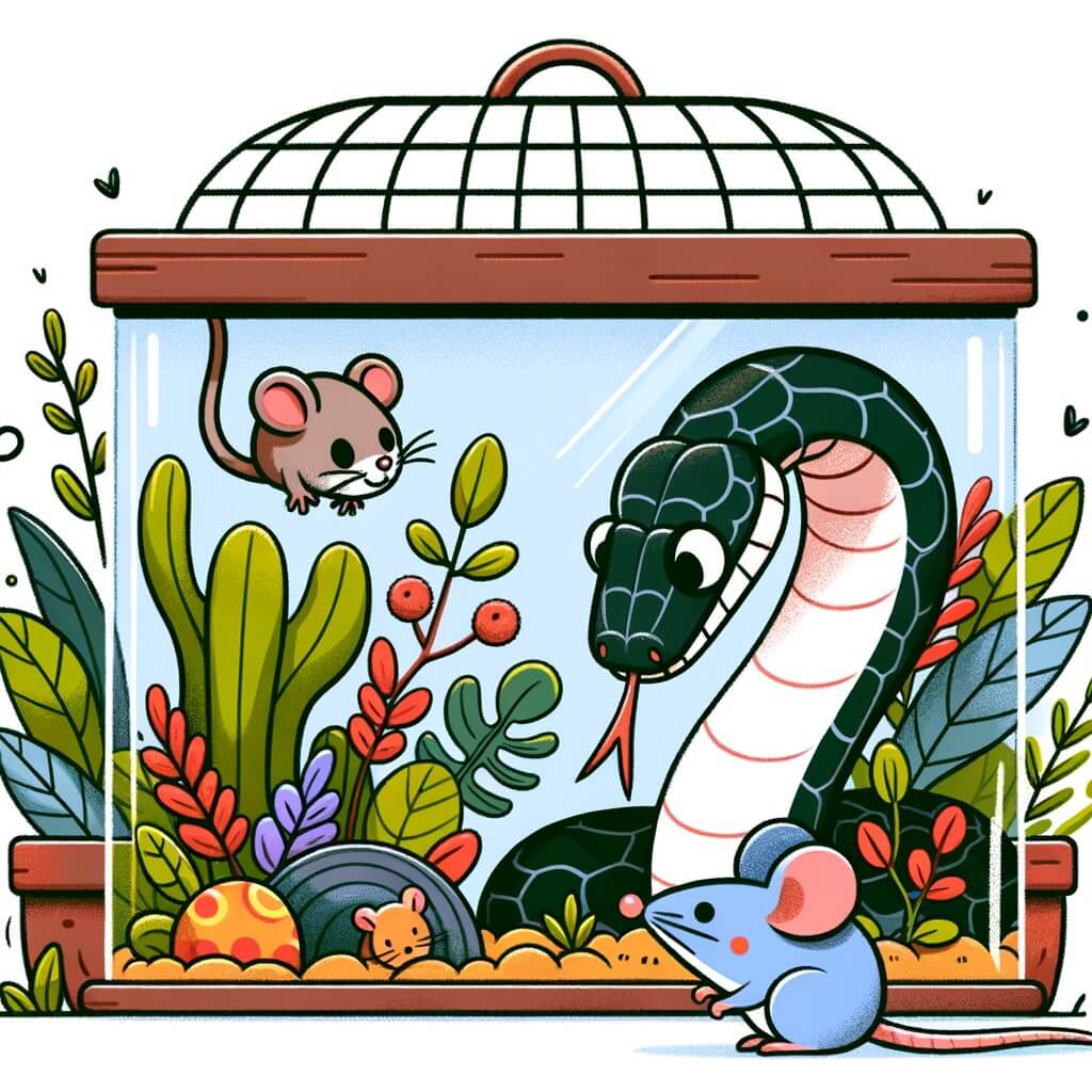 Une illustration destinée aux enfants représentant un serpent rusé cherchant à s'échapper de son terrarium, accompagné d'une souris amicale, dans un terrarium coloré rempli de plantes luxuriantes et de petits objets ludiques.
