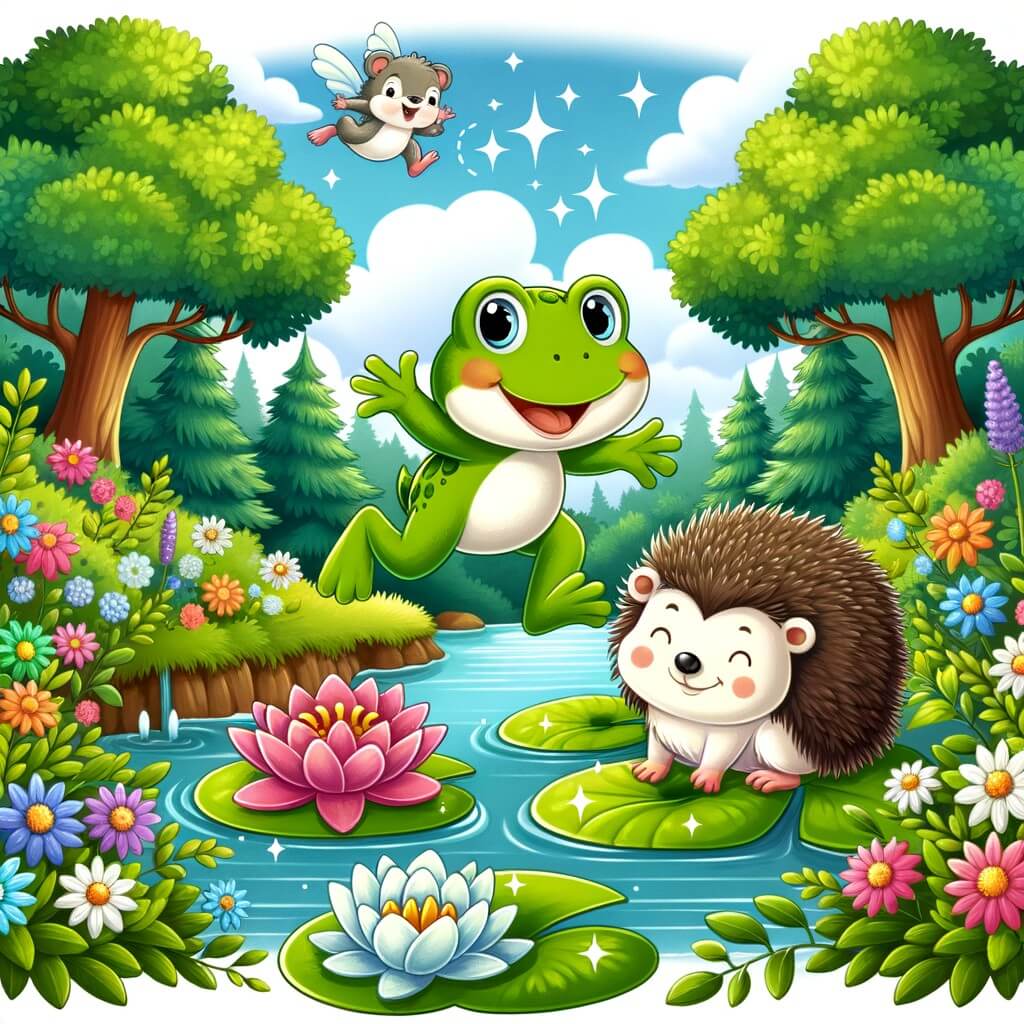 Une illustration pour enfants représentant une grenouille envieuse vivant dans une forêt dense et humide, qui réalise l'importance de se concentrer sur ses propres talents et compétences.
