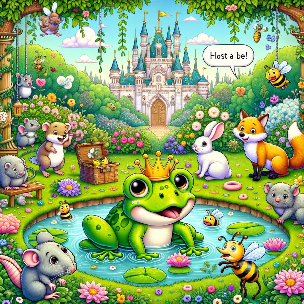 Une illustration pour enfants représentant une petite grenouille qui rêve de devenir une princesse, vivant dans une mare entourée de ses amis les animaux.
