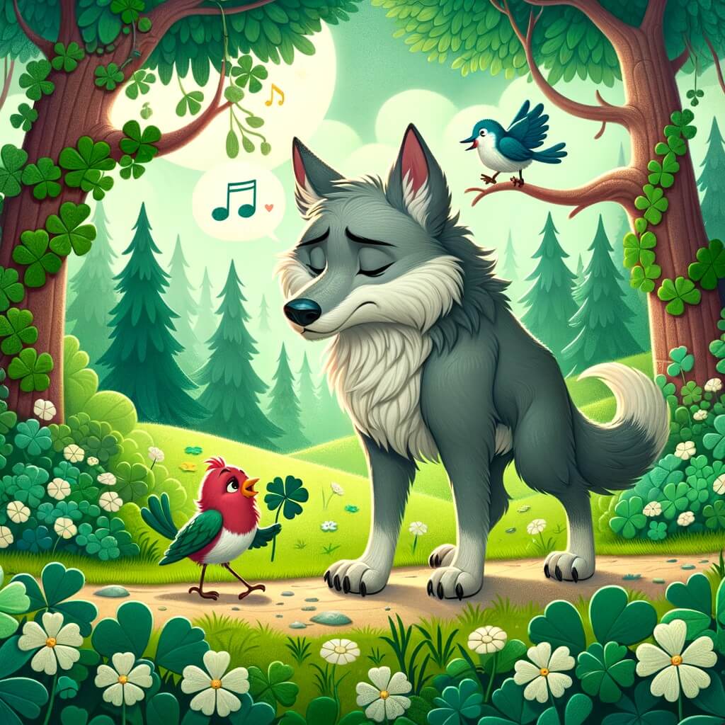Une illustration destinée aux enfants représentant un loup malchanceux se promenant dans une forêt enchantée, accompagné d'un oiseau chanteur et entouré de trèfles à quatre feuilles dans un champ verdoyant.