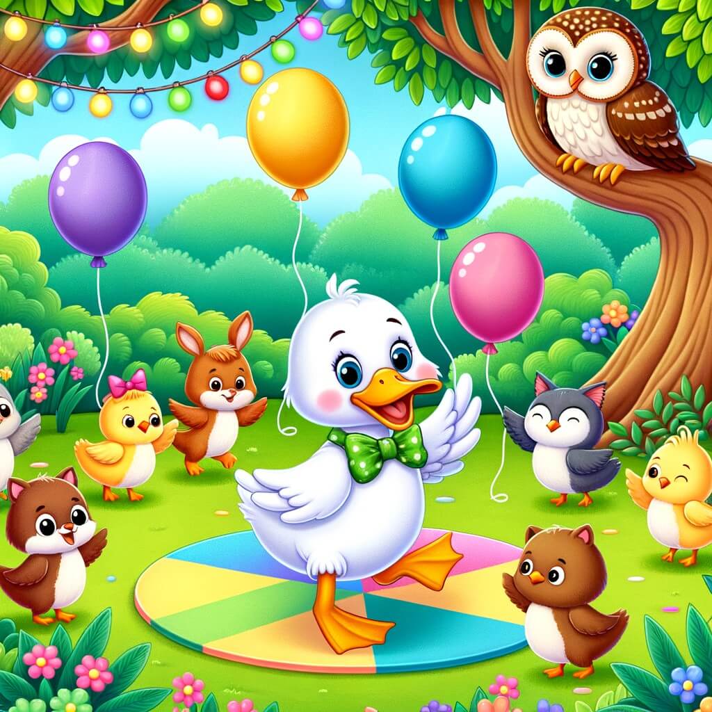 Une illustration destinée aux enfants représentant un canard joyeux qui organise une fête avec ses amis animaux dans un parc verdoyant, avec des ballons colorés flottant dans l'air et une piste de danse animée par une chouette élégante.