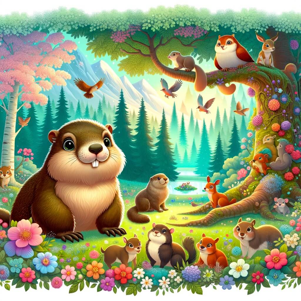 Une illustration destinée aux enfants représentant une marmotte curieuse et débordante d'imagination, entourée d'animaux de la forêt, dans une clairière enchantée remplie de fleurs colorées et d'arbres majestueux.