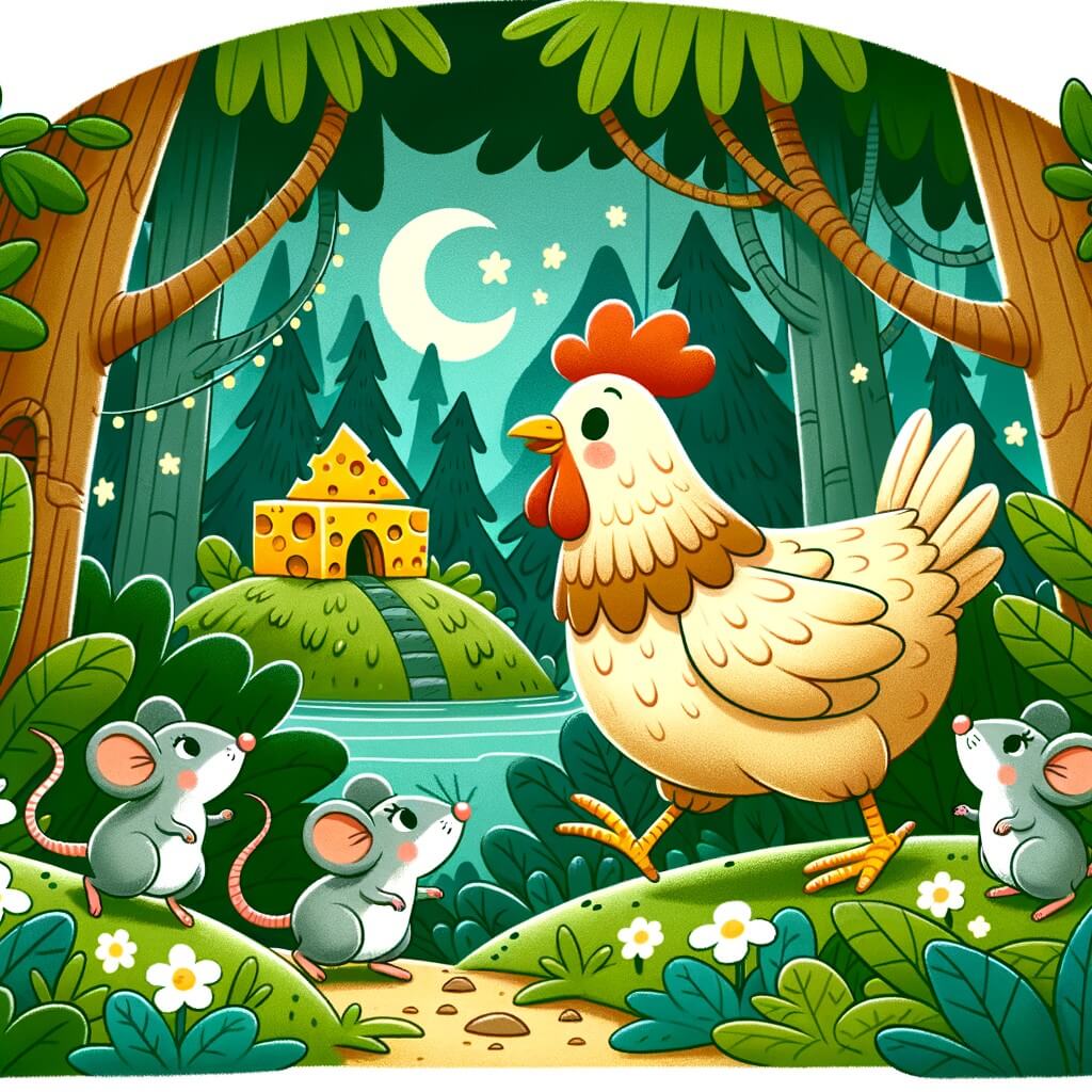 Une illustration destinée aux enfants représentant une poule aventurière, accompagnée de souris curieuses, explorant une forêt luxuriante pour trouver un endroit magique rempli de fromage.