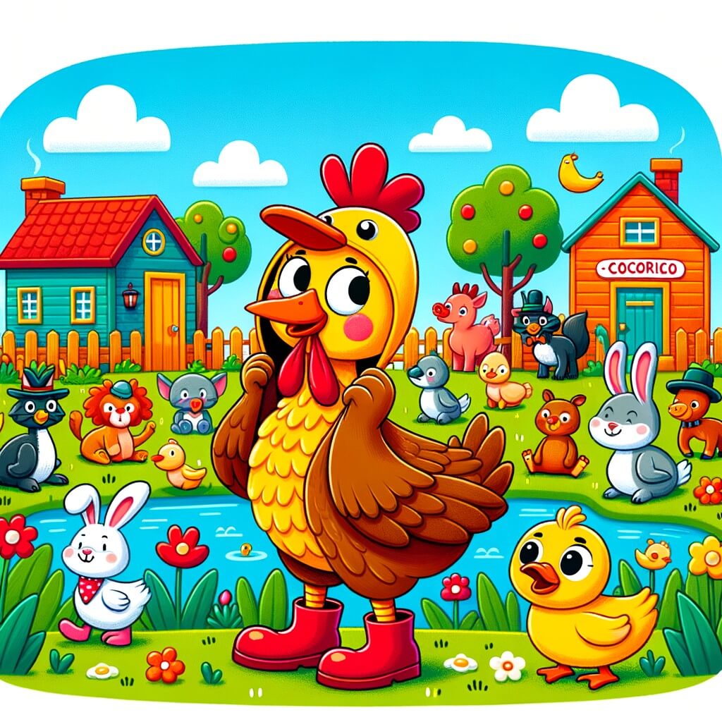 Une illustration destinée aux enfants représentant une poule espiègle et drôle, se déguisant en canard pour jouer des tours à ses amis animaux, dans un village coloré et animé appelé Cocorico.