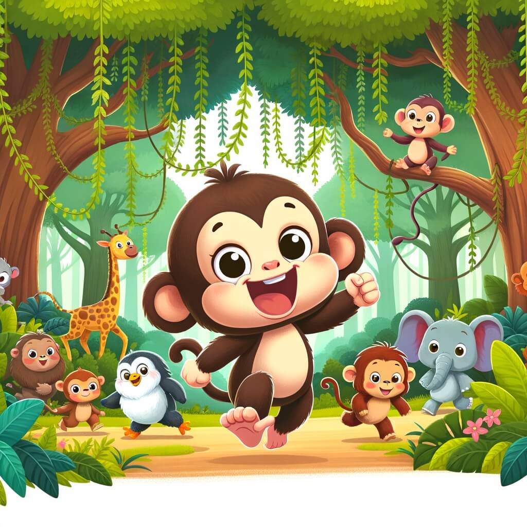 Une illustration destinée aux enfants représentant un joyeux singe espiègle qui se lance dans une aventure palpitante avec ses amis animaux, dans une forêt luxuriante remplie de lianes suspendues et d'arbres majestueux.