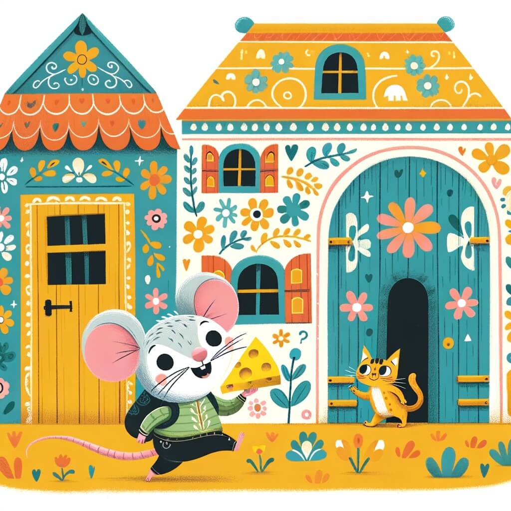 Une illustration destinée aux enfants représentant une petite souris pleine d'énergie et d'appétit, se lançant dans une quête pour trouver du fromage délicieux, accompagnée d'un chat malicieux, à travers une grande maison aux murs colorés et aux portes ornées de motifs fleuris.