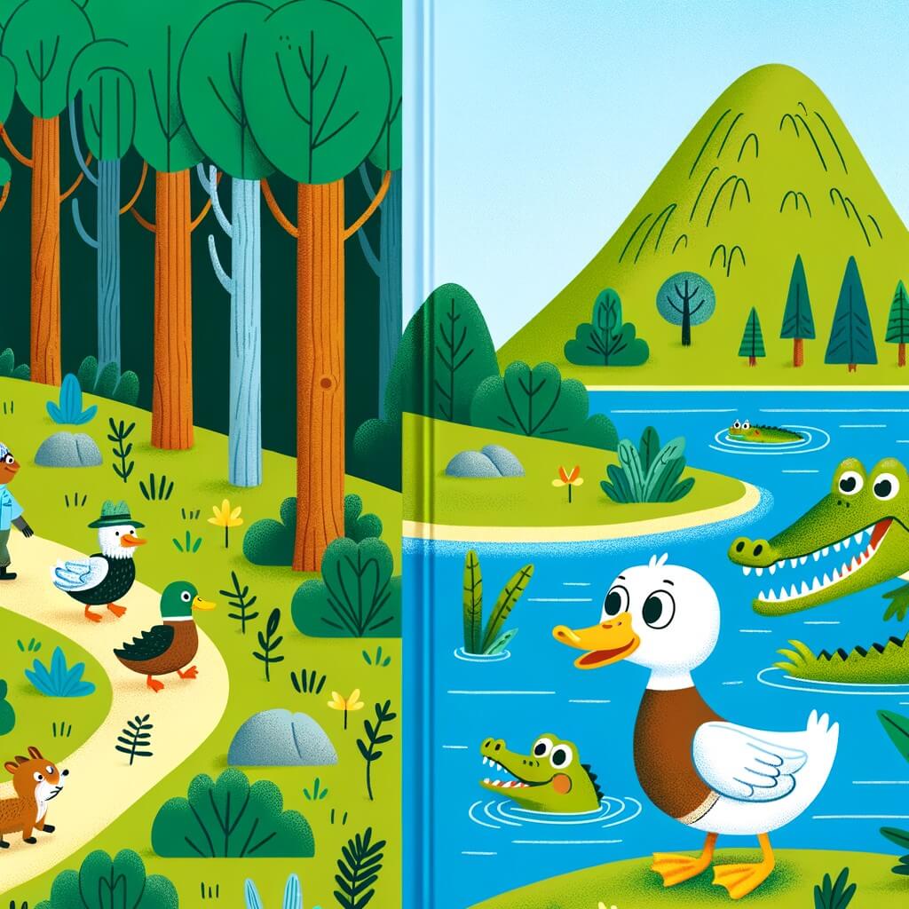 Une illustration pour enfants représentant un canard aventurier qui part en randonnée dans la forêt avec ses amis, à la recherche d'une source d'eau fraîche.