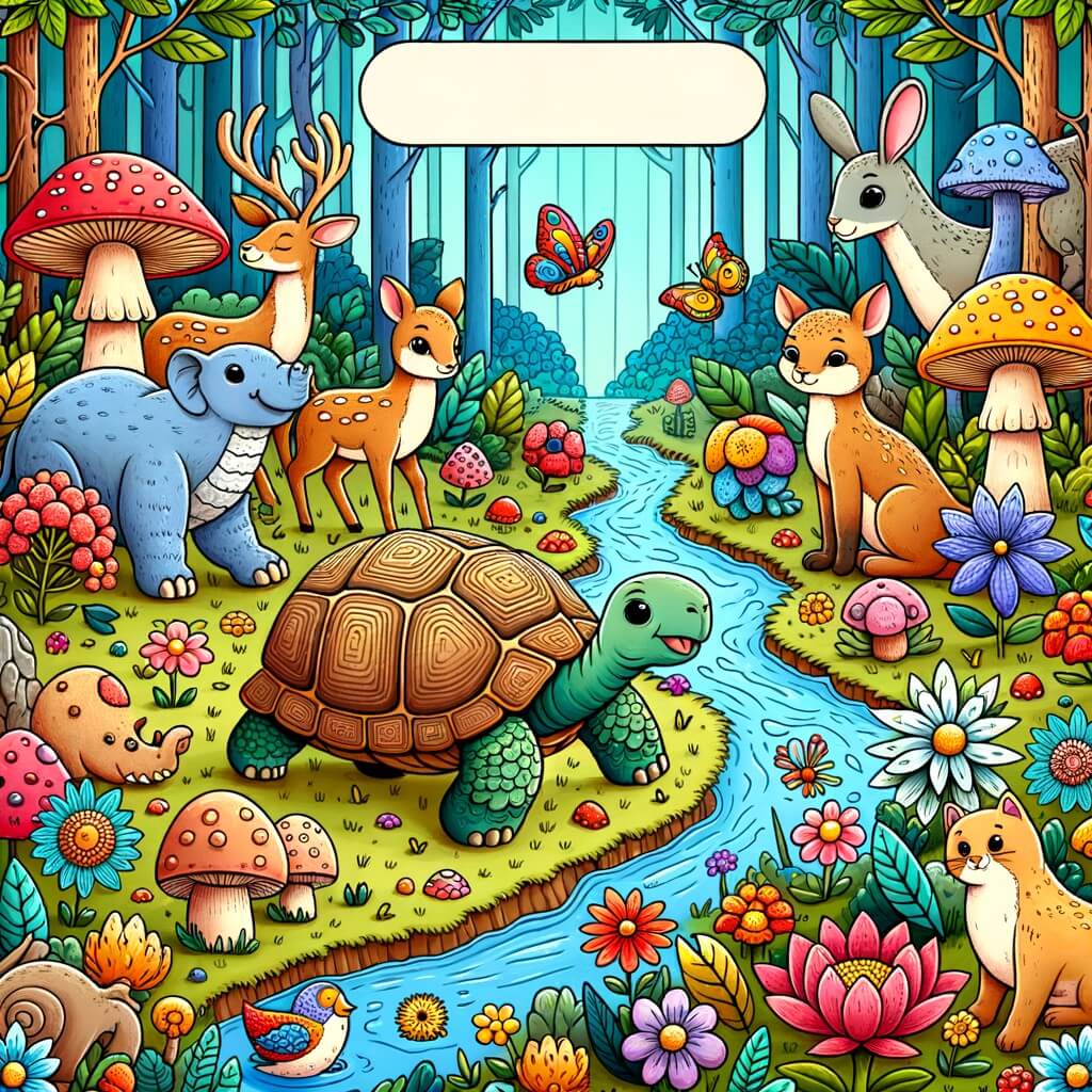 Une illustration destinée aux enfants représentant une tortue aventurière, entourée d'animaux rigolos, explorant une forêt enchantée remplie de fleurs multicolores, de champignons géants et de rivières scintillantes.