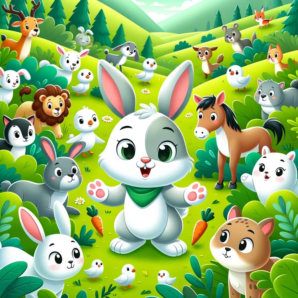 Une illustration destinée aux enfants représentant un petit lapin malicieux dans une vallée verdoyante, accompagné de ses amis animaux, enquêtant sur la mystérieuse disparition des carottes.