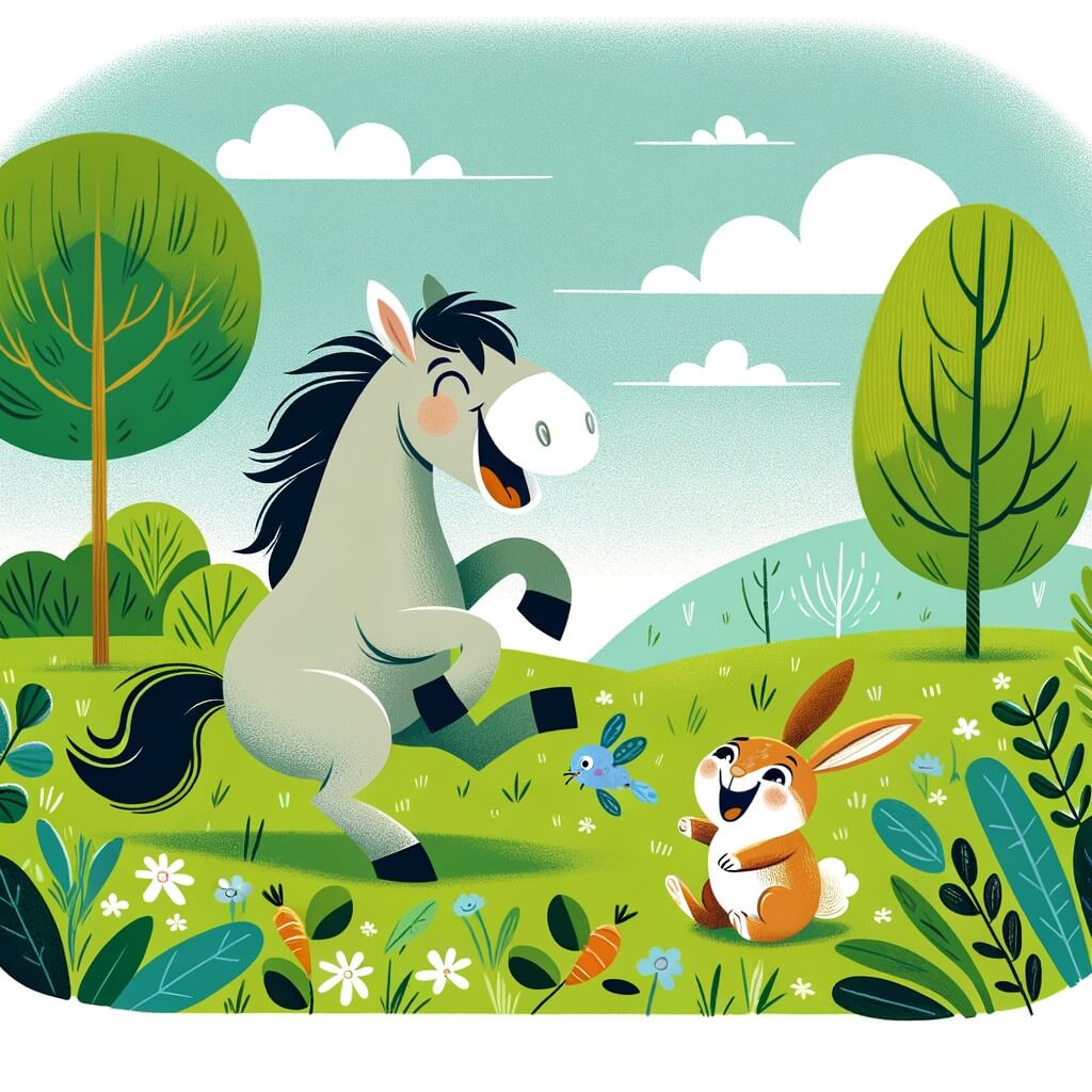 Une illustration destinée aux enfants représentant un cheval joyeux et espiègle se trouvant au milieu d'une prairie verdoyante, accompagné d'un petit lapin curieux, dans une histoire remplie de rires et de jeux amusants.