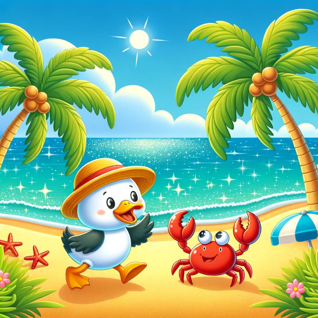 Une illustration destinée aux enfants représentant un canard enthousiaste en vacances, accompagné d'un crabe farceur, sur une plage paradisiaque avec des palmiers, du sable doré et une mer turquoise scintillante.