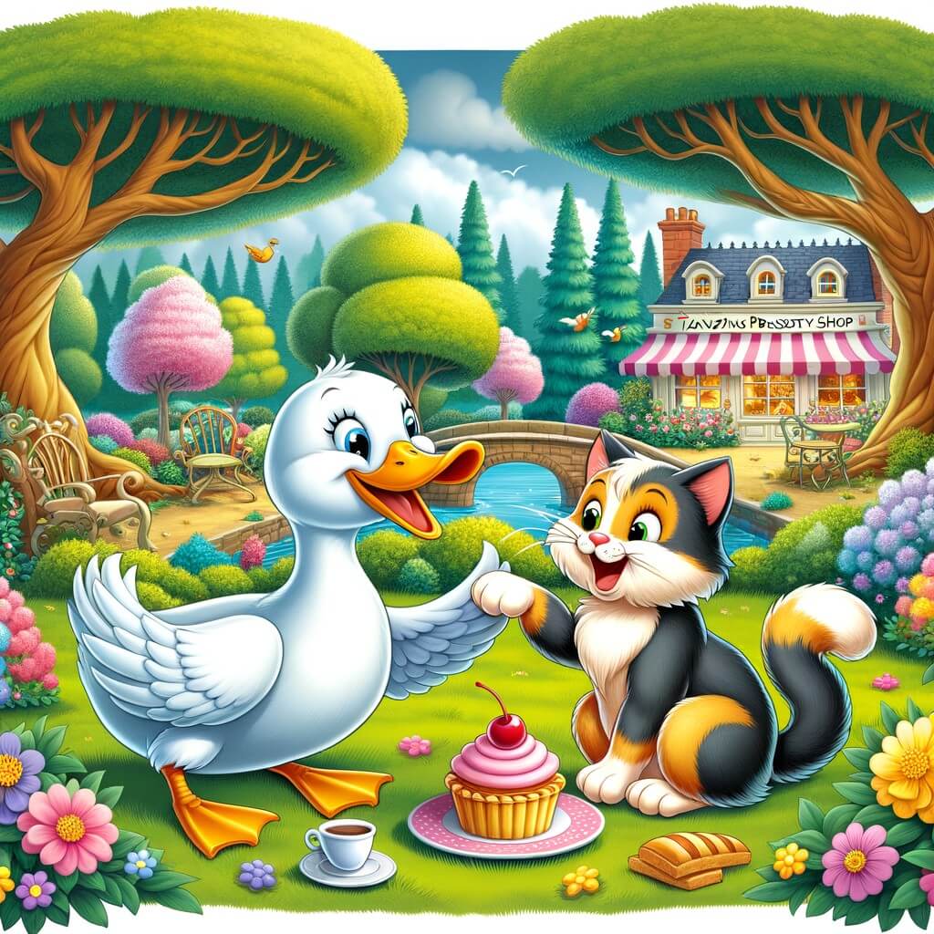 Une illustration destinée aux enfants représentant un joyeux canard se retrouvant dans une situation hilarante avec un chat malicieux, le tout se déroulant dans un parc verdoyant avec des arbres majestueux, des fleurs colorées et une pâtisserie alléchante en arrière-plan.
