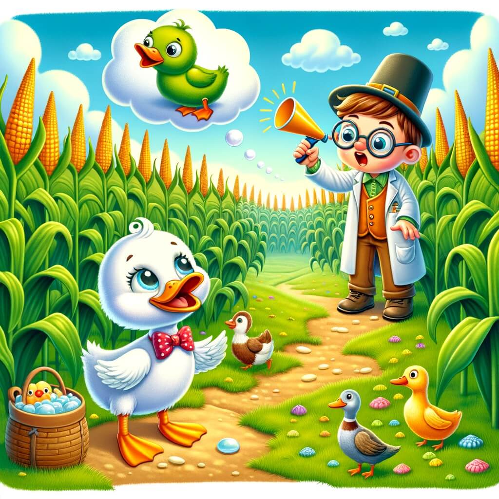 Une illustration destinée aux enfants représentant un canard curieux et rêveur, cherchant désespérément à voler, avec l'aide d'un scientifique fou, dans une ferme colorée entourée de champs de maïs verdoyants.