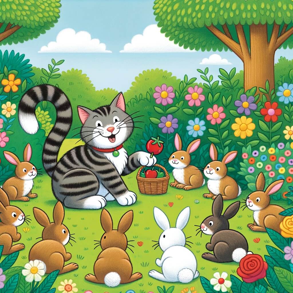 Une illustration destinée aux enfants représentant un chat espiègle et farceur, jouant des tours à un groupe de lapins dans un jardin verdoyant rempli de fleurs colorées.