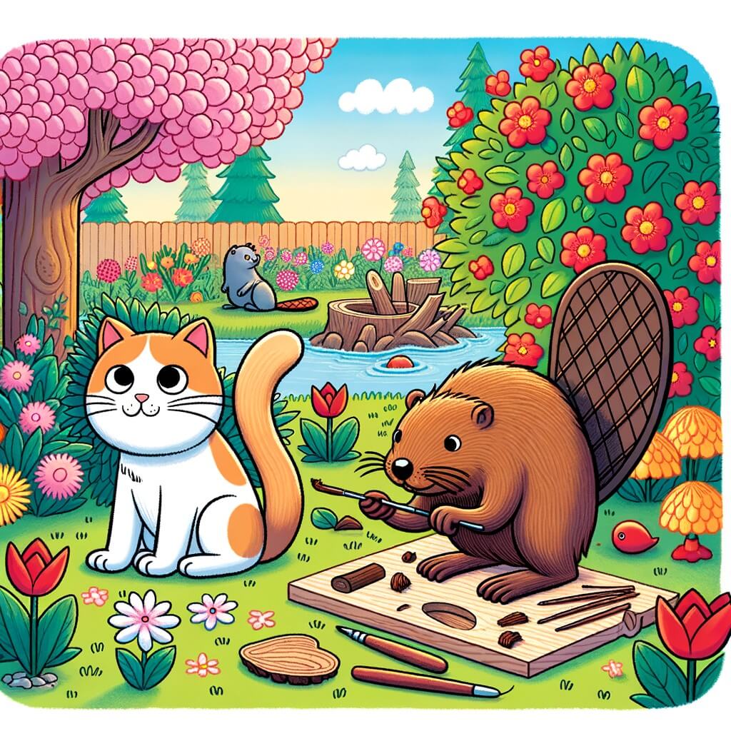 Une illustration destinée aux enfants représentant un chat maladroit qui perd sa queue et se retrouve dans un jardin fleuri, où il rencontre un castor bricoleur qui lui fabrique une nouvelle queue en bois.
