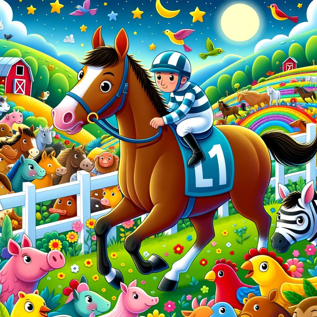 Une illustration destinée aux enfants représentant un cheval de course, déterminé mais fatigué, qui décide de prendre sa retraite et se retrouve dans une ferme colorée remplie d'animaux joyeux et curieux.