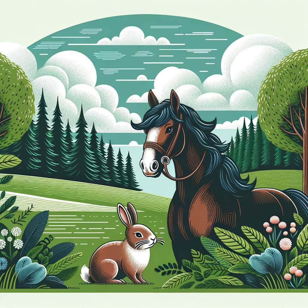 Une illustration destinée aux enfants représentant un majestueux cheval, courageux et dévoué, accompagné d'un adorable lapin, dans un champ verdoyant entouré d'une forêt luxuriante, prêts à vivre une aventure palpitante.