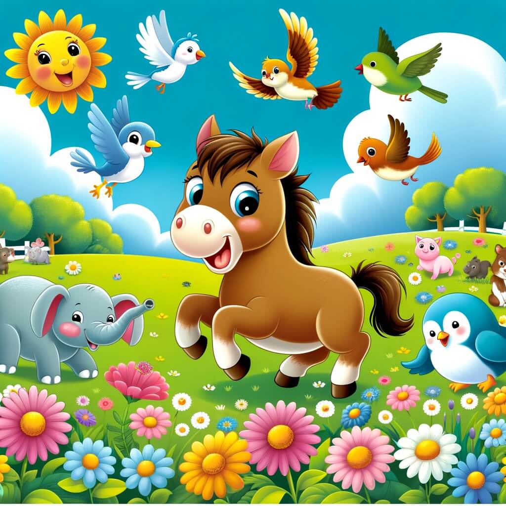 Une illustration destinée aux enfants représentant un cheval espiègle, accompagné d'animaux joyeux, dans un champ verdoyant rempli de fleurs colorées et d'oiseaux qui volent dans le ciel bleu.