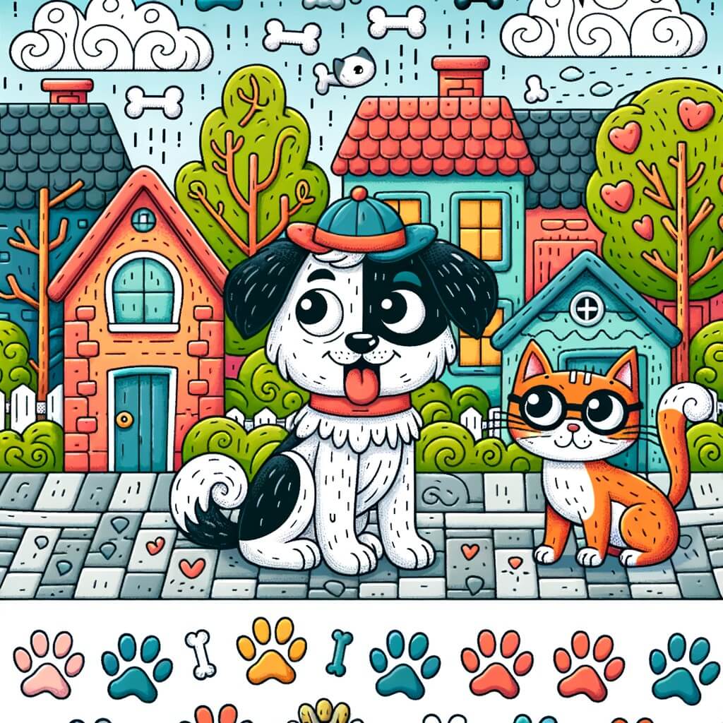 Une illustration destinée aux enfants représentant un chien joueur et espiègle, accompagné d'un chat malin, qui se retrouvent dans une petite ville colorée remplie de maisons aux toits en forme d'os, d'arbres aux branches en forme de queues de chiens et de rues pavées avec des empreintes de pattes d'animaux.