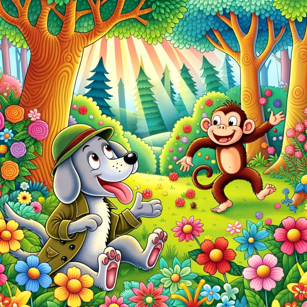 Une illustration destinée aux enfants représentant un chien espiègle et curieux, se retrouvant dans une joyeuse pagaille avec un singe farceur, dans une forêt enchantée remplie d'arbres colorés et de fleurs brillantes.