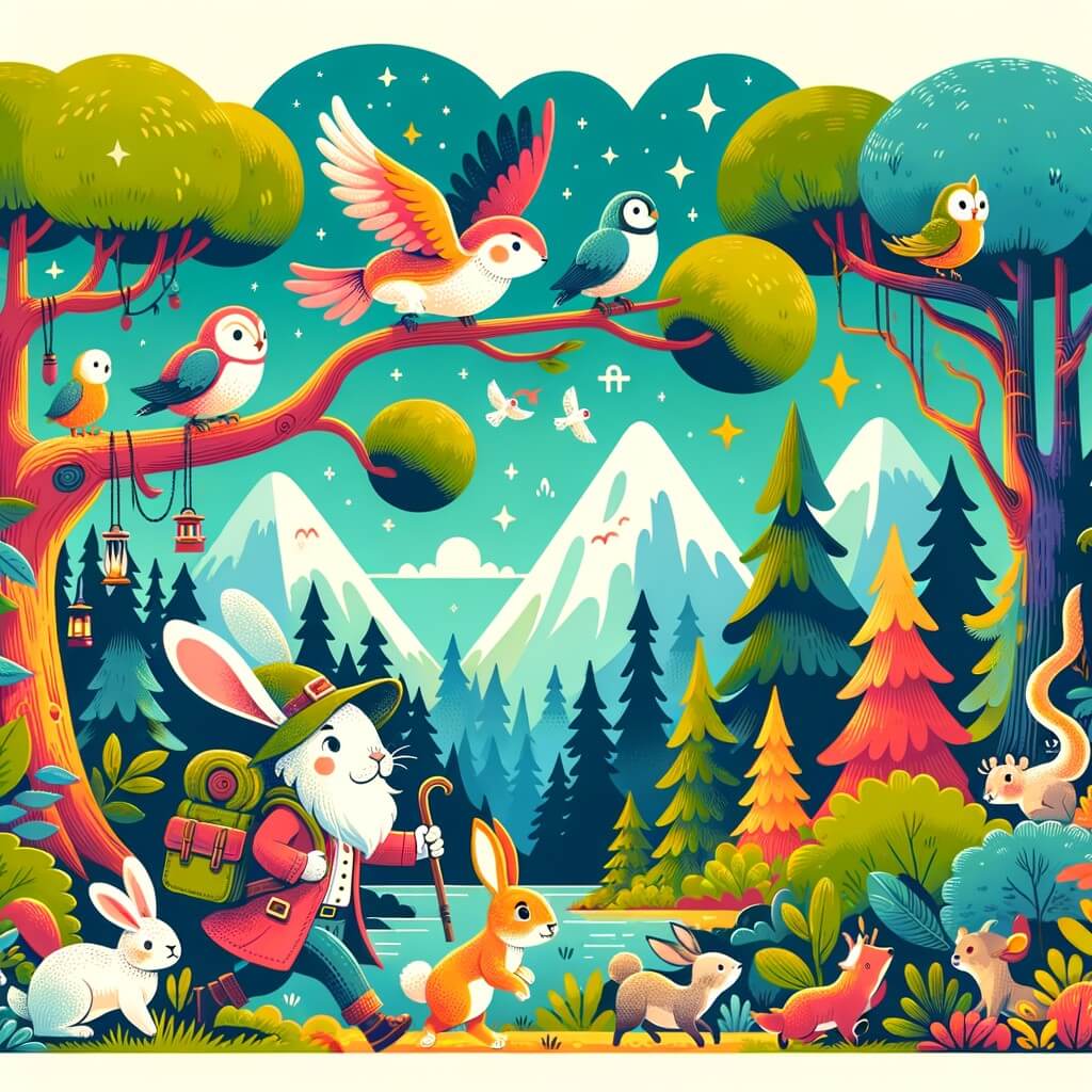 Une illustration destinée aux enfants représentant un adorable lapin explorateur, accompagné d'un groupe d'animaux curieux, découvrant une forêt enchantée remplie de couleurs vives, d'arbres majestueux et de créatures fantastiques.