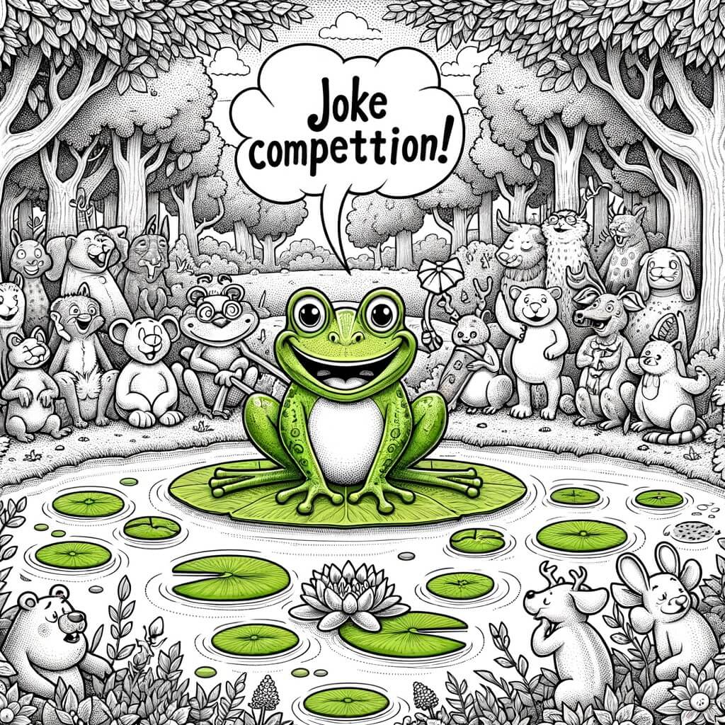 Une illustration destinée aux enfants représentant une grenouille rigolote, entourée d'animaux amusants, organisant un concours de blagues dans une forêt enchantée bordée d'une mare aux nénuphars.