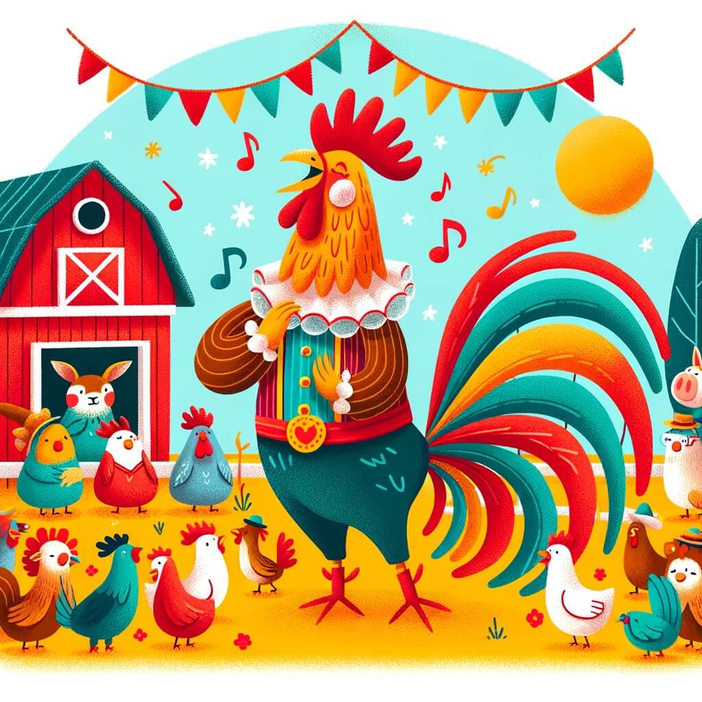 Une illustration destinée aux enfants représentant un coq fier et flamboyant, organisant une fête avec ses amis animaux dans une ferme colorée, où une situation amusante se produit lorsque son costume se déchire, provoquant les rires de tous.