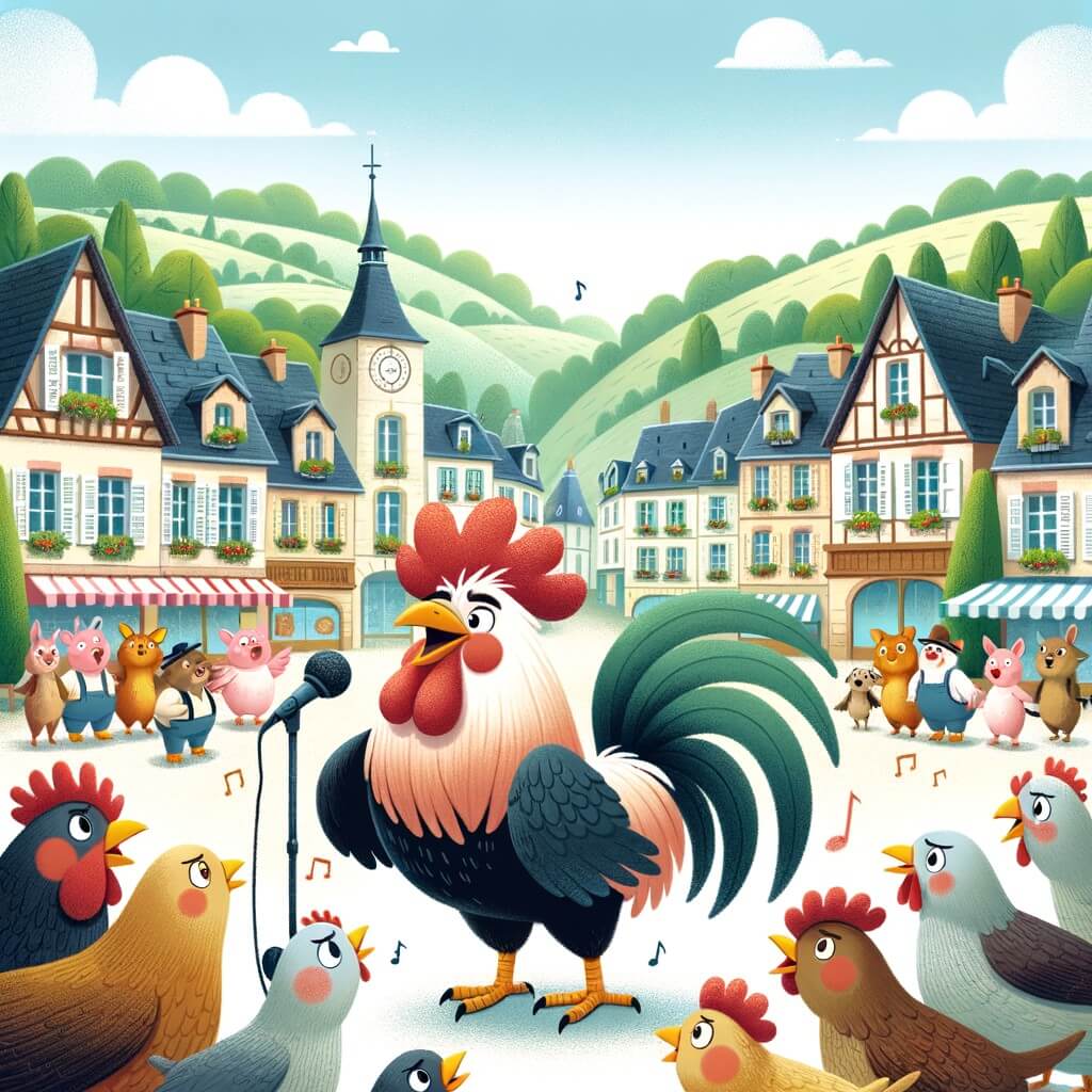 Une illustration pour enfants représentant un coq vantard se préparant pour un concours de chant dans une ville de campagne française.