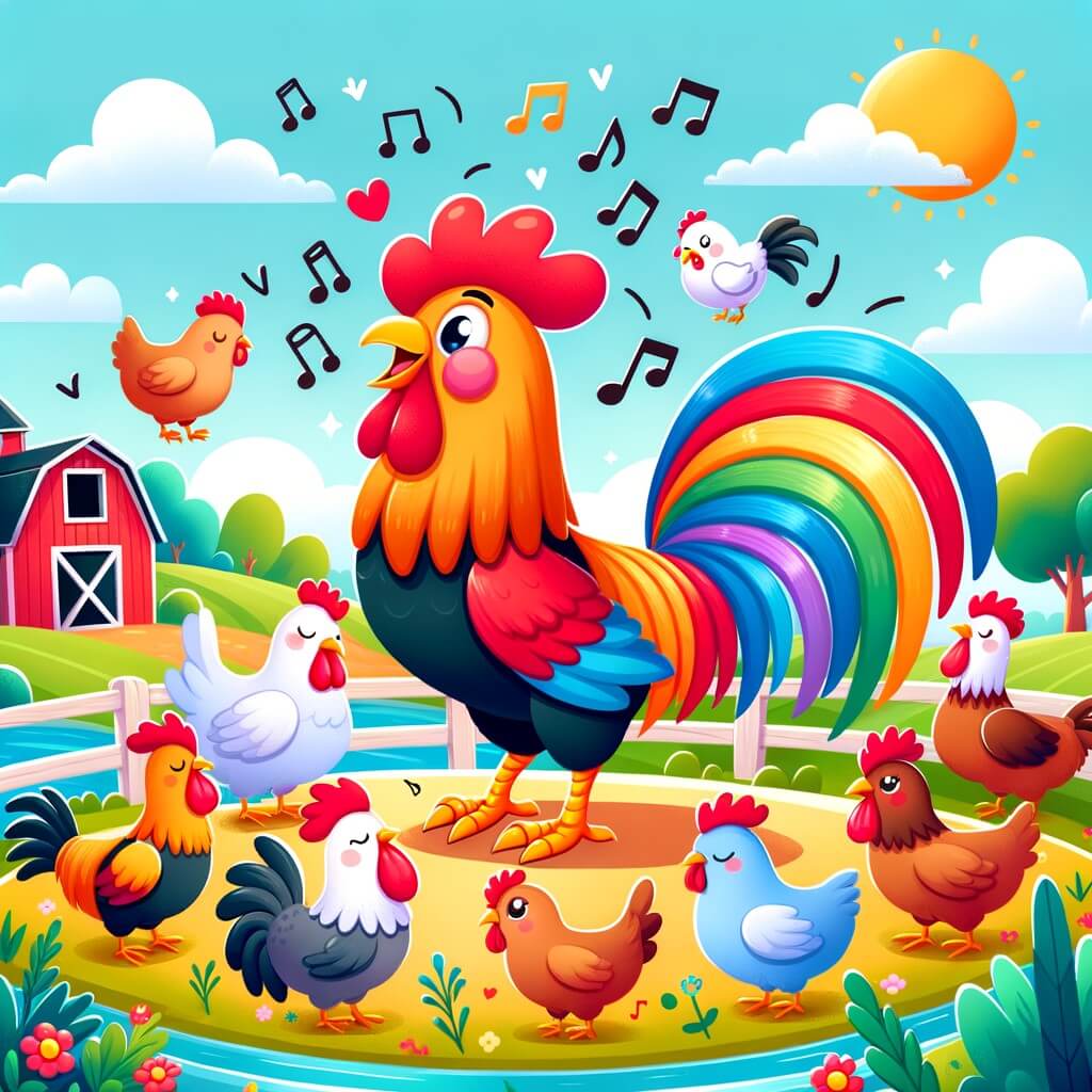 Une illustration destinée aux enfants représentant un coq fier et coloré, se trouvant dans une ferme animée avec des animaux joyeux, où il cherche à conquérir le cœur d'une belle poule en lui chantant une chanson spéciale.
