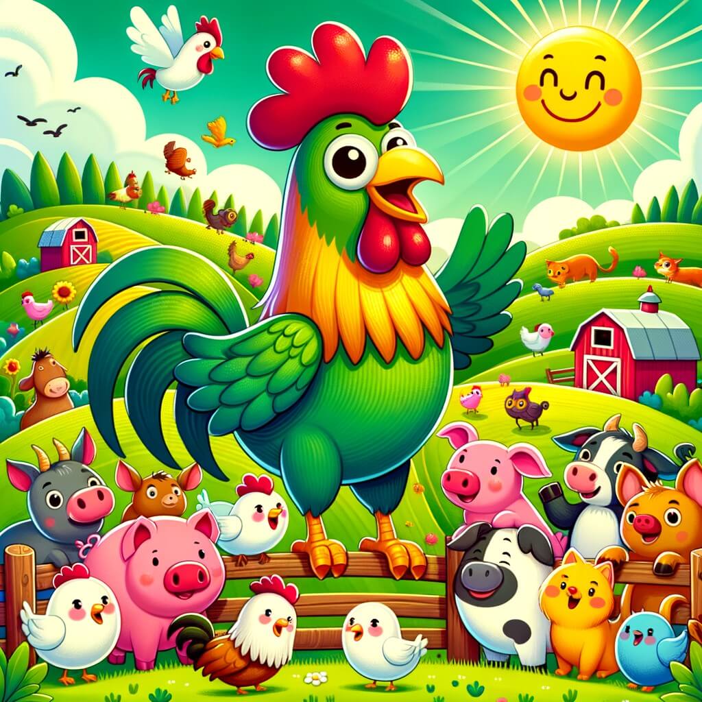 Une illustration destinée aux enfants représentant un coq joyeux, entouré d'animaux rigolos, dans une ferme colorée avec des champs verdoyants et un soleil radieux.