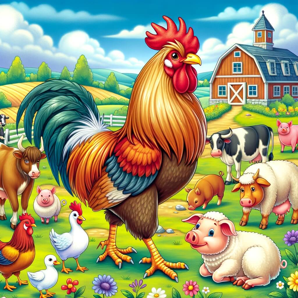 Une illustration destinée aux enfants représentant un coq fier et majestueux se pavanant devant les autres animaux de la ferme, dans une magnifique ferme située au milieu d'une campagne verdoyante.