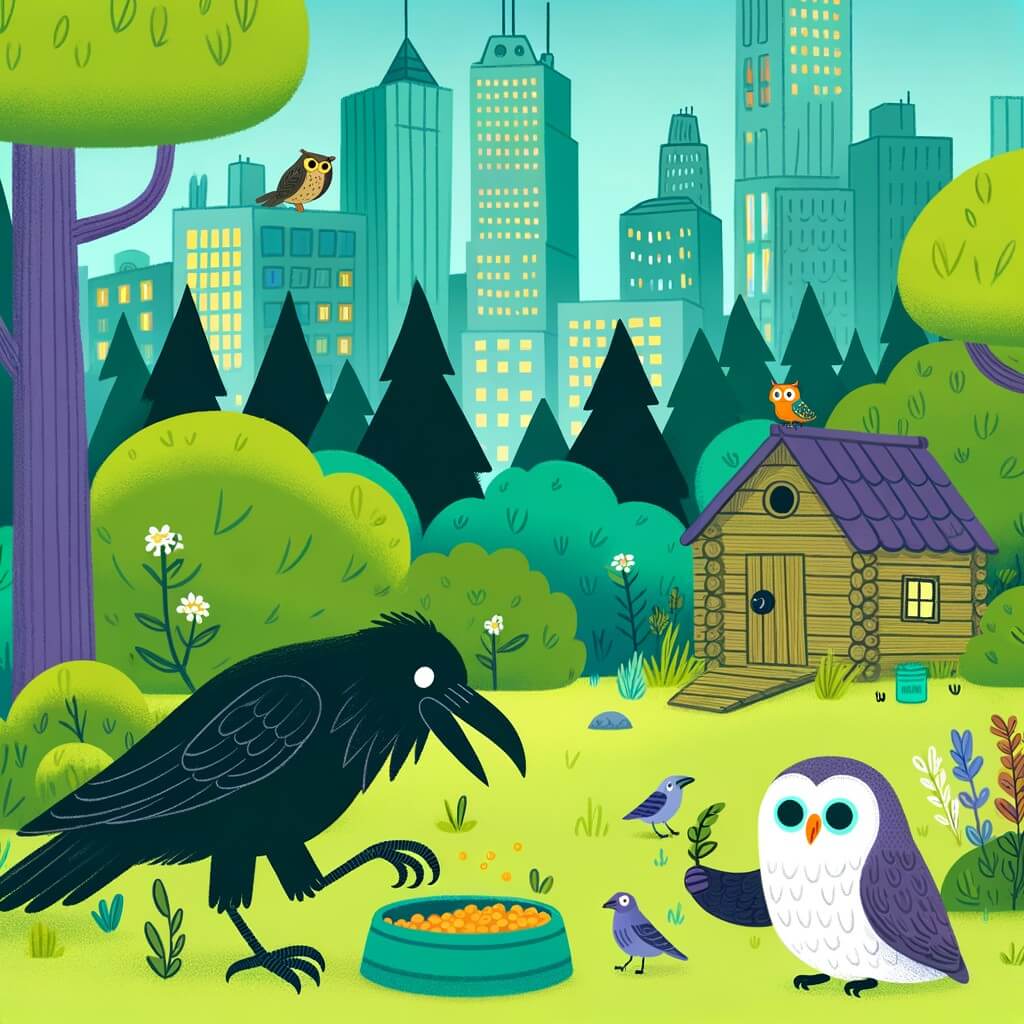 Une illustration destinée aux enfants représentant un corbeau affamé, cherchant désespérément de la nourriture en ville, accompagné d'une chouette sage, dans un parc verdoyant avec une petite cabane mystérieuse au fond.