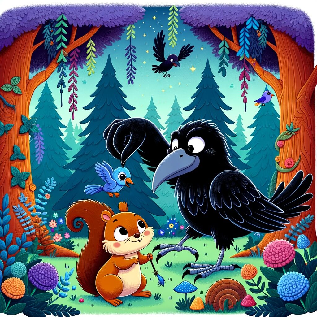 Une illustration destinée aux enfants représentant un corbeau malicieux, en train de jouer des tours avec un écureuil espiègle, dans une forêt enchantée aux arbres majestueux et aux fleurs colorées.